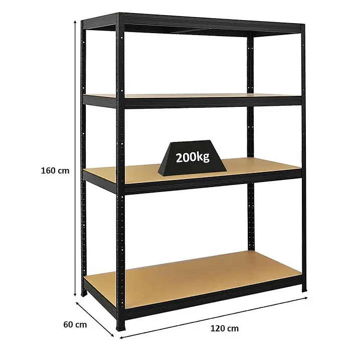 Schwerlastregal Big Elephant | HxBxT 160x120x60cm | Fachlast 200kg | Schwarz -  - Schwarzes Metallregal mit vier Holzablagen, 160x120x60 cm, mit 200kg Tragkraft pro Ablage.