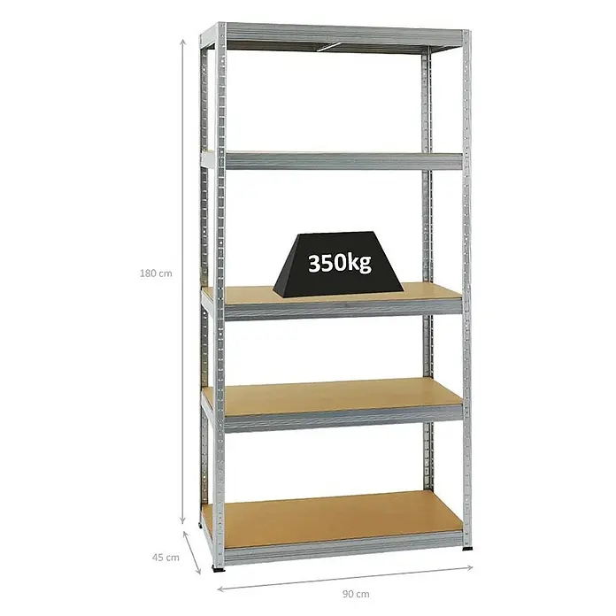 Proregal Schwerlastregal Slim Elephant S - H x B x T: 180 x 90 x 45 cm, Traglast pro Boden: 350 kg, Anzahl Böden: 5 Stk., Stecken, Verzinkt - Fünf-etagiges Schwerlastregal aus verzinktem Metall mit Holzablagen. 180x90x45 cm, 350kg Tragkraft pro Boden.