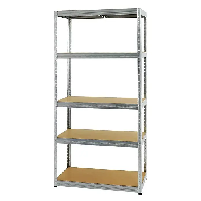 Proregal Schwerlastregal Slim Elephant S - H x B x T: 180 x 90 x 45 cm, Traglast pro Boden: 350 kg, Anzahl Böden: 5 Stk., Stecken, Verzinkt - Fünfstöckiges Metallregal mit hellbraunen Holzablagen.