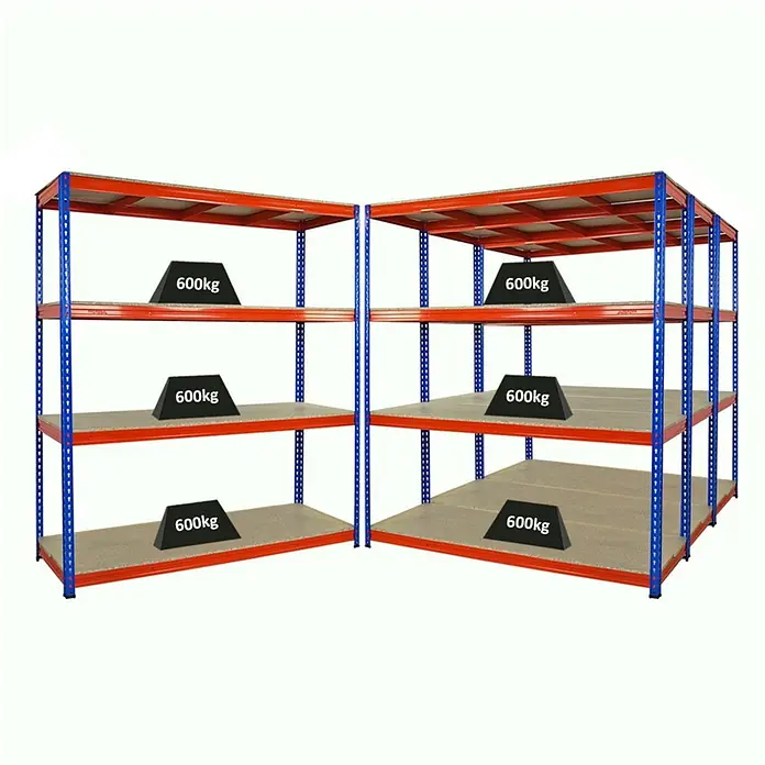 Mega Deal | 4x Profi Schwerlastregal BISON | HxBxT 200x180x60cm | 4 Fachböden | Fachlast 600kg | Blau-Orange -  - Zwei industrielle rot-blaue Schwerlastregale. Jede der vier Ablagen trägt 600 kg.