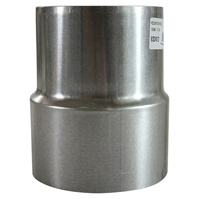 Bertrams Ofenrohrreduzierung - Durchmesser: 120 mm - 110 mm, Feueraluminiert, Silbergrau - Abbildung eines Reduzierstücks aus Metall, das für Rohrverbindungen verwendet wird. Das Reduzierstück hat unterschiedliche Durchmesser an den Enden.