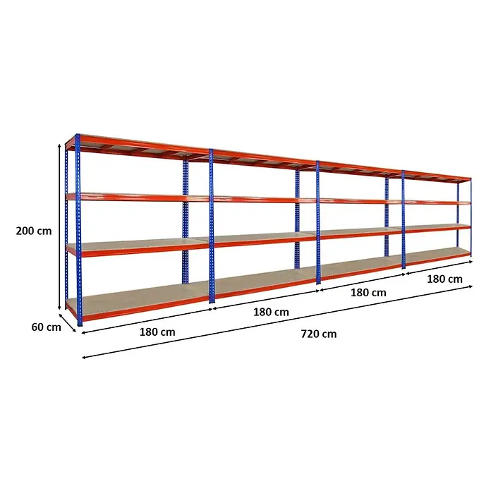 Mega Deal | 4x Profi Schwerlastregal BISON | HxBxT 200x180x60cm | 4 Fachböden | Fachlast 600kg | Blau-Orange -  - Langes, rot-blaues Metallregal mit vier Ebenen, für robuste und geräumige Lagerung konzipiert.