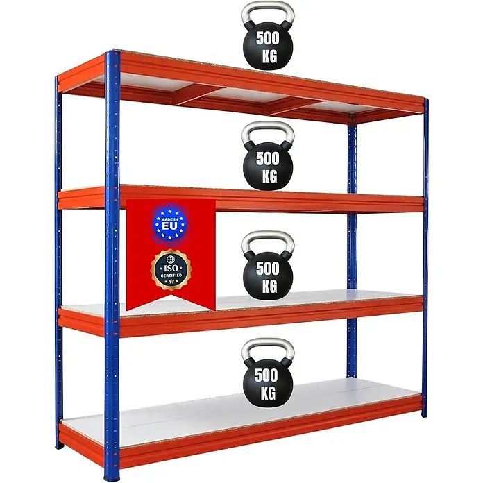 Schwerlastregal DINO | HxBxT 180x200x60cm | 4 Melamin-Ebenen 16mm | Fachlast 500kg | Blau/Orange -  - Blau-orange Schwerlast-Metallregal mit vier Böden, jeder für 500 kg ausgelegt.