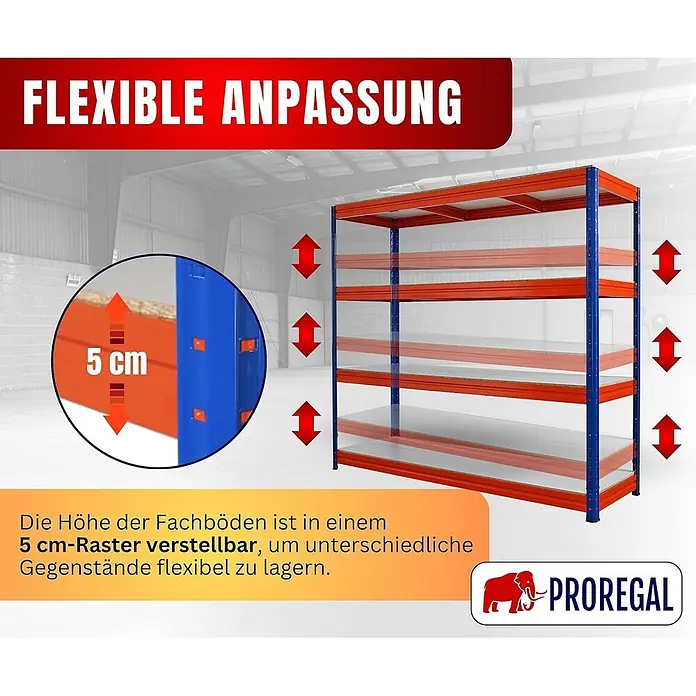 Schwerlastregal DINO 180x200x60cm 4 Melamin-Ebenen 16mm 500kg Blau/Orange -  - Orange-blaues Regal mit Fachböden, die in 5 cm-Rastern für flexible Lagerung verstellbar sind.