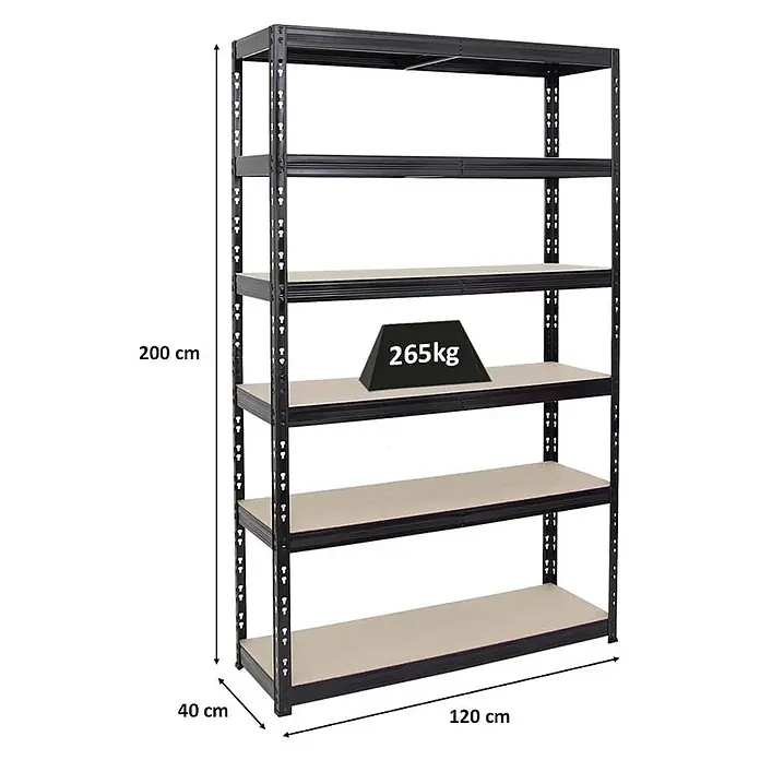 Schwerlastregal Giant Tiger | HxBxT 200x120x40cm |  Fachlast 265kg | 6-Ebenen | Schwarz -  - Schwarzes Metallregal mit 6 Holzablagen, 200x120x40cm, Tragkraft 265kg.