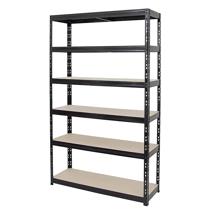 Schwerlastregal Giant Tiger 200x120x40cm Fachlast 265kg 6 Ebenen Schwarz -  - Schwerlastregal aus schwarzem Metall mit 6 Ebenen und hellen Holzplatten.