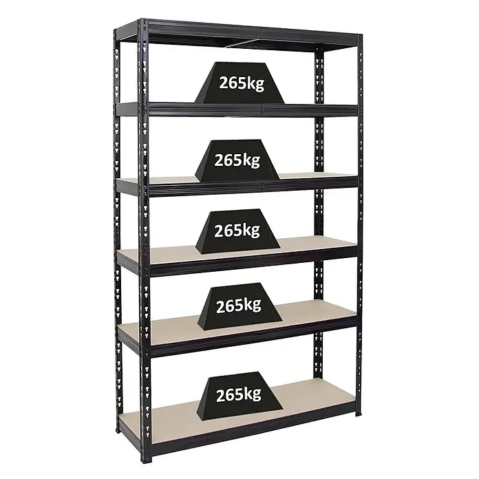 Schwerlastregal Giant Tiger 200x120x40cm Fachlast 265kg 6 Ebenen Schwarz -  - Schwarzes Metallregal mit fünf Böden, jeder trägt ein 265 kg Gewicht.