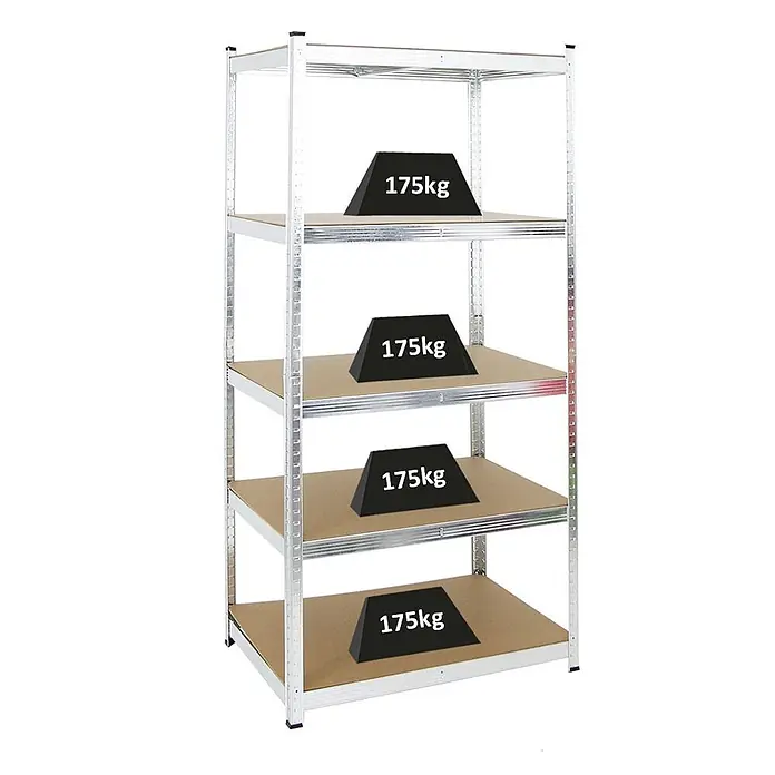 PROREGAL Schwerlastregal Ragnar HxBxT 180 x 90 x 60 cm 5 MDF-Platten-Ebenen Fachlast 175 kg Verzinkt -  - Fünfstöckiges Metallregal mit Holzablagen, zeigt 175kg Tragfähigkeit pro Boden.