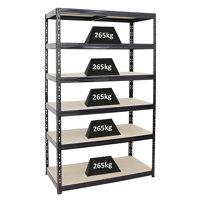 Schwerlastregal Giant Tiger | HxBxT 200x120x60 cm |  Fachlast 265kg | 6-Ebenen | Schwarz -  - Schwarzes Metallregal mit 5 Schwerlastböden, jeder mit einem 265kg Gewicht zur Kapazitätsdemonstration.