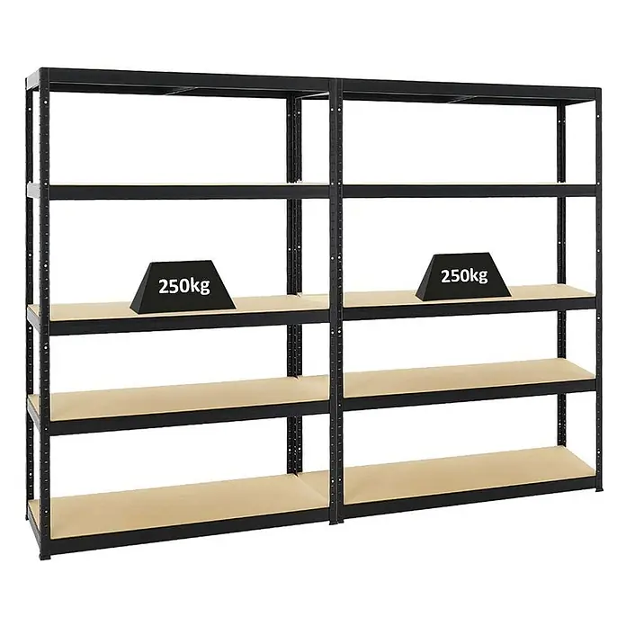 Mega Deal | 2x Schwerlastregal Big Elephant S | HxBxT 180x120x45 cm | Fachlast 250kg | Schwarz -  - Zwei schwarze Metallregale mit hellen Holzablagen. Jede Ablage trägt 250 kg.