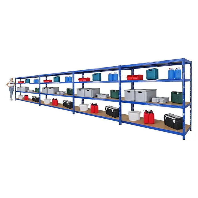 Mega Deal | 4x Profi Schwerlastregal GOLIATH | HxBxT 180x200x60cm | Fachlast 350kg | Blau -  - Langes blaues Metallregal mit Holzböden, beladen mit Lagerartikeln. Eine Person steht daneben und zeigt die beeindruckende Länge.