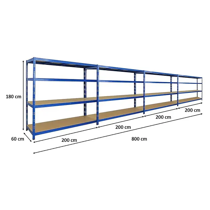 Mega Deal | 4x Profi Schwerlastregal GOLIATH | HxBxT 180x200x60cm | Fachlast 350kg | Blau -  - Langes blaues Metallregal mit Holzböden, 180x60x800 cm, für schwere Lagerung geeignet.