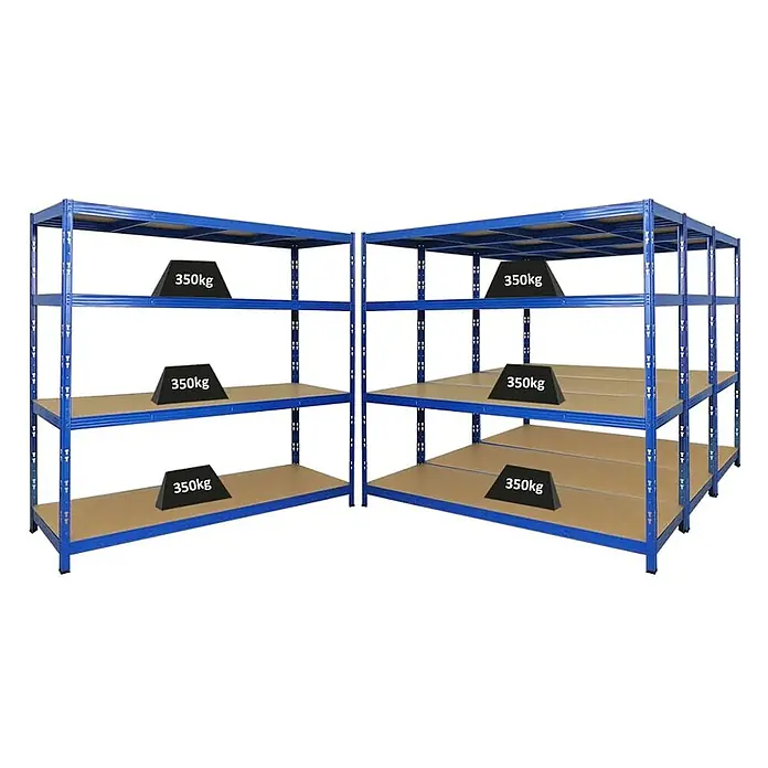 Mega Deal | 4x Profi Schwerlastregal GOLIATH | HxBxT 180x200x60cm | Fachlast 350kg | Blau -  - Zwei blaue Schwerlast-Metallregale, jedes Fach für 350kg, in einer Ecke verbunden.