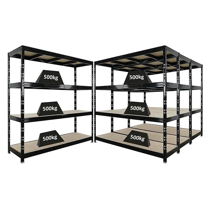 Mega Deal | 4x Profi Schwerlastregal Rhino | HxBxT 200x200x60cm | 4 Spanplatten-Ebenen 16mm | Fachlast 500kg | Schwarz -  - Zwei schwarze Metall-Schwerlastregale mit Holzböden, jedes mit 500kg Gewichten beladen.