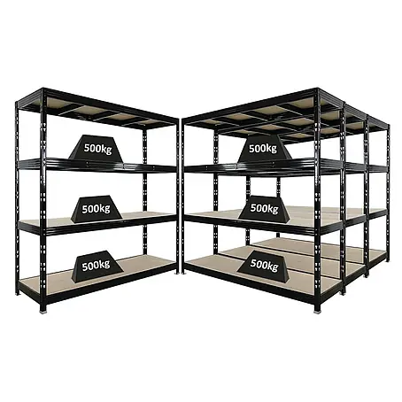 Mega Deal | 4x Profi Schwerlastregal Rhino | HxBxT 200x200x60cm | 4 Spanplatten-Ebenen 16mm | Fachlast 500kg | Schwarz