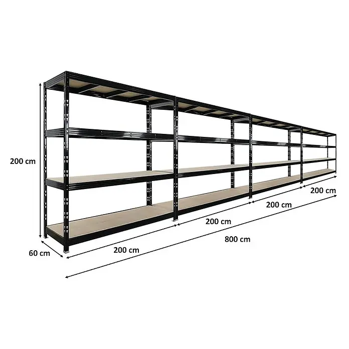 Mega Deal | 4x Profi Schwerlastregal Rhino | HxBxT 200x200x60cm | 4 Spanplatten-Ebenen 16mm | Fachlast 500kg | Schwarz -  - Schwarzes Metallregal mit vier Holzablagen, 800 cm lang, 200 cm hoch und 60 cm tief.