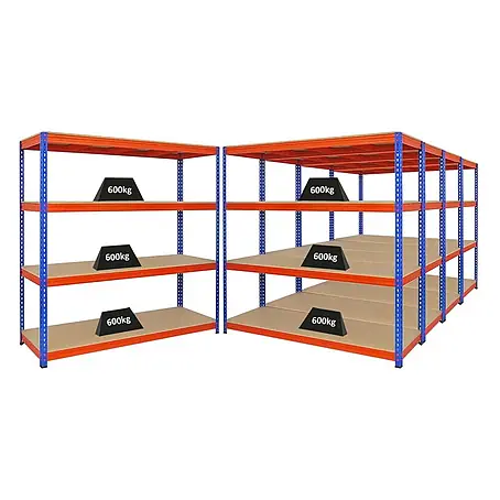 Mega Deal | 5x Profi Schwerlastregal BISON | HxBxT 200x200x60cm | 4 Fachböden | Fachlast 600kg | Blau-Orange
