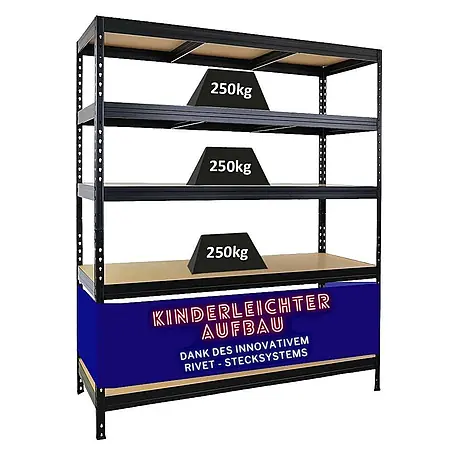Schwerlastregal Rivet | HxBxT 180x150x60 cm | Fachlast 250kg | Innovatives Stecksystem | Schwarz