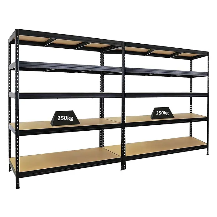 Mega Deal | 2x Schwerlastregal Rivet | HxBxT 180x150x60 cm | Fachlast 250kg | Schwarz -  - Langes, schwarzes Hochleistungs-Metallregal mit mehreren hellen Holzbrettern, jedes trägt bis zu 250 kg.