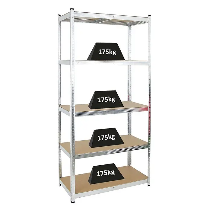 Schwerlastregal Giant Ragnar 200x100x50cm 5 MDF-Ebenen 175 kg Verzinkt -  - Silbernes 5-Etagen Metallregal, jedes Fach mit 175kg Gewicht, betont robuste Lagerkapazität.