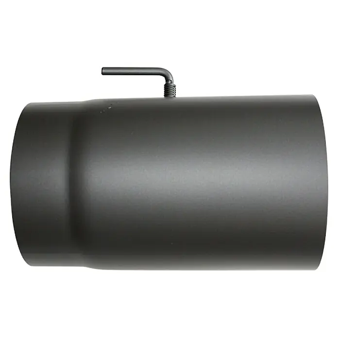Ofenrohr - Ø x L: 150 x 250 mm, Mit Sperrer, Senotherm lackiert, Gussgrau - Ein schwarzer Rauchrohrbogen mit einem Regler. Ideal für den Anschluss an Kaminöfen und Heizgeräte, sorgt er für effiziente Rauchableitung.