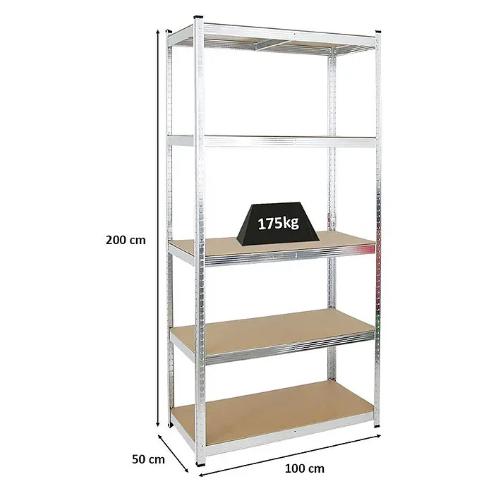 PROREGAL Schwerlastregal Giant Ragnar HxBxT 200 x 100 x 50 cm 5 MDF-Platten-Ebenen Fachlast 175 kg Verzinkt -  - Schwerlastregal aus Metall und Holz mit 5 Böden, 200x100x50 cm, 175kg Traglast pro Boden.