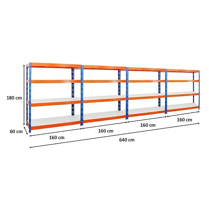 MegaDeal 4xProfi Schwerlastregal Rhino 180x160x60 4 Böden 500kg Blau-Orange -  - Orange-blaues mehrteiliges Industrieregal mit Höhen-, Tiefen- und Längenmaßen.