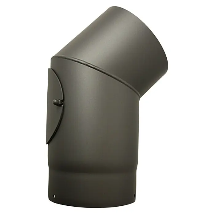 Ofenrohrbogen - Durchmesser: 150 mm, Bogenwinkel: 45 °, Wandstärke: 2 mm, Gussgrau - Ein Ofenrohrbogen in Anthrazit mit Reinigungsöffnung. Der Winkel des Rohrbogens beträgt 45 Grad und ist aus robustem Material gefertigt.