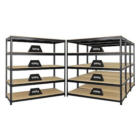 Mega Deal | 4x Profi Schwerlastregal BISON | HxBxT 200x200x60cm | 5 Fachböden | Fachlast 600kg | Schwarz