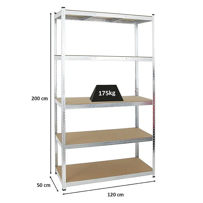 PROREGAL Schwerlastregal Giant Ragnar HxBxT 200 x 120 x 50 cm 5 MDF-Platten-Ebenen Fachlast 175 kg Verzinkt -  - Schwerlastregal aus Metall mit 5 Holzablagen, Maße 200x120x50 cm, 175 kg Traglast pro Boden.