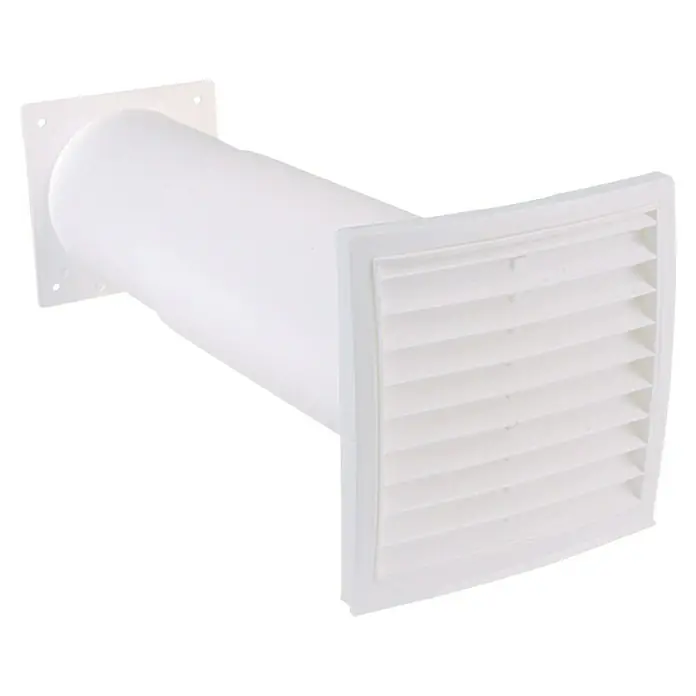 Air-Circle Teleskop-Mauerkasten - Durchmesser Anschlussstutzen: 100 mm, Verstellbereich: 27 cm - 48 cm, Max. Luftleistung: 300 m³/h - Weißes Abluftventil mit Lamellen und quadratischem Flansch zur Wandmontage. Ideal für Badezimmer oder Küchen.
