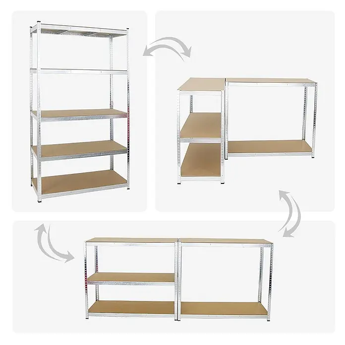 Schwerlastregal Giant Ragnar 200x120x50cm 5 MDF-Ebenen 175 kg Verzinkt -  - Verzinktes Metallregal mit hellbraunen Böden, gezeigt als hohes 5-Böden-Regal und geteilt in zwei kürzere Einheiten.
