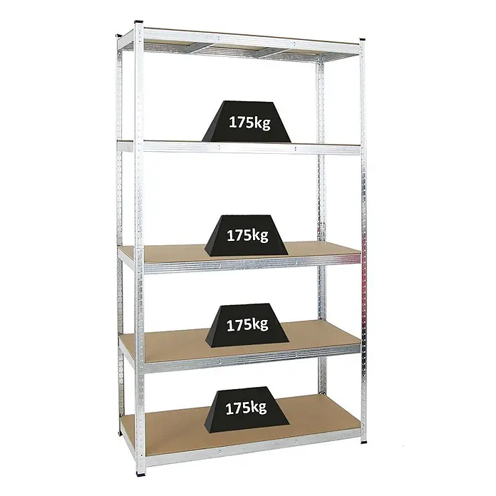 PROREGAL Schwerlastregal Giant Ragnar HxBxT 200 x 120 x 50 cm 5 MDF-Platten-Ebenen Fachlast 175 kg Verzinkt -  - Schwerlast-Metallregal mit fünf Ablagen, von denen vier mit 175kg Gewichten beladen sind, was die hohe Tragfähigkeit zeigt.