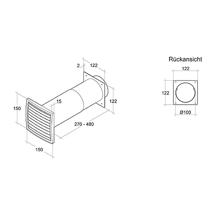 Air-Circle Teleskop-Mauerkasten - Durchmesser Anschlussstutzen: 100 mm, Verstellbereich: 27 cm - 48 cm, Max. Luftleistung: 300 m³/h - Abbildung eines Abluftventils mit Größenangaben und einer Rückansicht.