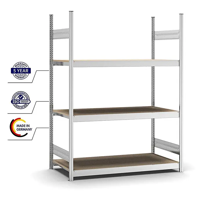 Proregal Schwerlastregal MAGNUS Stecksystem - H x B x T: 200 x 150 x 60 cm, Traglast pro Boden: 350 kg, Anzahl Böden: 3 Stk., Stecken, Verzinkt - Silbernes Metallregal mit drei Holzböden, geeignet zur Lagerung.
