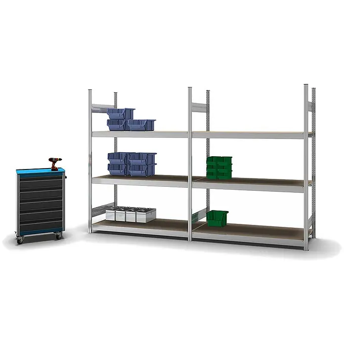 Proregal Schwerlastregal MAGNUS Stecksystem - H x B x T: 200 x 150 x 60 cm, Traglast pro Boden: 350 kg, Anzahl Böden: 3 Stk., Stecken, Verzinkt - Graues Metallregal mit blauen und grünen Lagerbehältern und einem blauen Werkzeugschrank mit Bohrer.