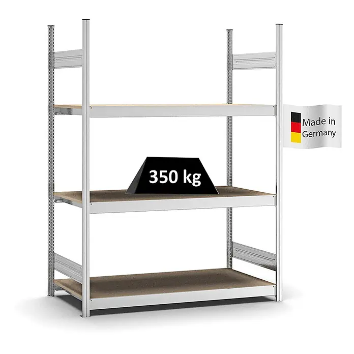 Proregal Schwerlastregal MAGNUS Stecksystem - H x B x T: 200 x 150 x 60 cm, Traglast pro Boden: 350 kg, Anzahl Böden: 3 Stk., Stecken, Verzinkt - Silbernes Metallregal mit 4 braunen Fachböden, 350 kg Traglast pro Boden. Hergestellt in Deutschland.