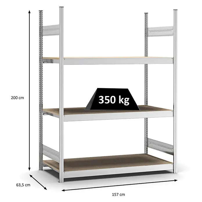 Proregal Schwerlastregal MAGNUS Stecksystem - H x B x T: 200 x 150 x 60 cm, Traglast pro Boden: 350 kg, Anzahl Böden: 3 Stk., Stecken, Verzinkt - Metallregal mit 3 Holzablagen, Abmessungen (200x157x63,5 cm) und 350 kg Tragfähigkeit.
