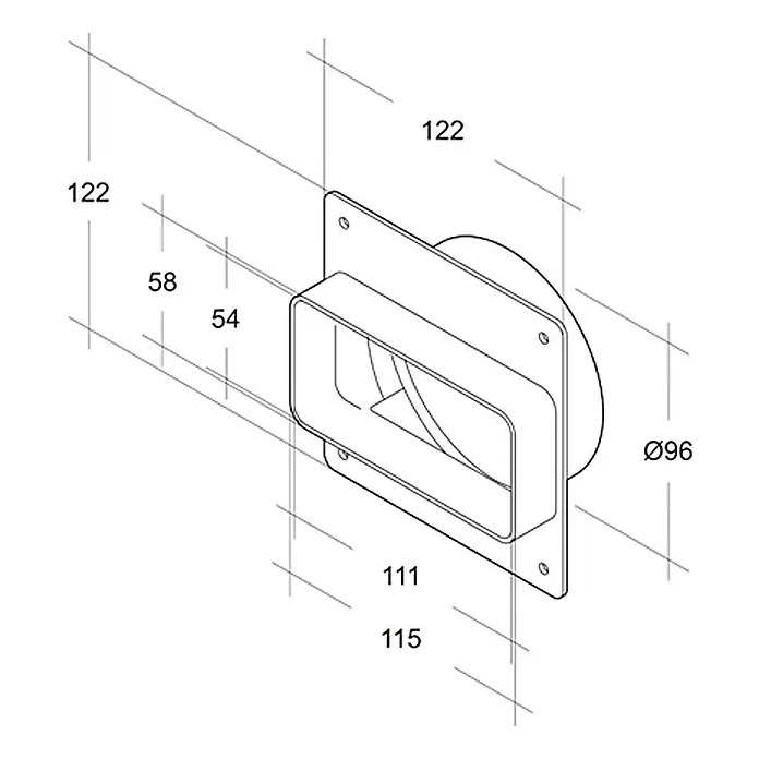 Air-Circle Maueranschlussstutzen - Maße Anschlussstutzen: 111 x 54 mm, Max. Luftleistung: 300 m³/h - Dreidimensionale Darstellung eines rechteckigen Lüftungsgitters mit den zugehörigen Maßangaben für die Montage.