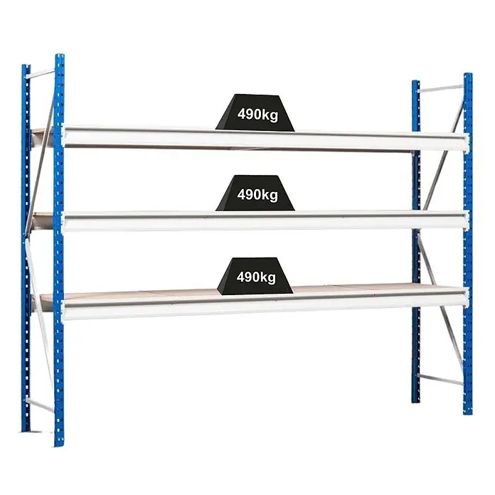 Weitspannregal MAXIMUS Pro Grundregal 200x260x50 4 Ebenen Lichtblau/-grau -  - Blau-weißes Schwerlastregal mit drei Fachböden, die jeweils 490 kg Gewicht tragen.