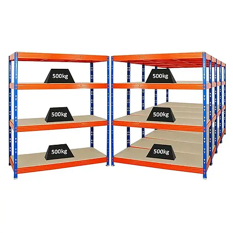Mega Deal | 5x Profi Schwerlastregal Rhino | HxBxT 180x160x60cm | 4 Spanplatten-Ebenen 16mm | Fachlast 500kg | Blau-Orange