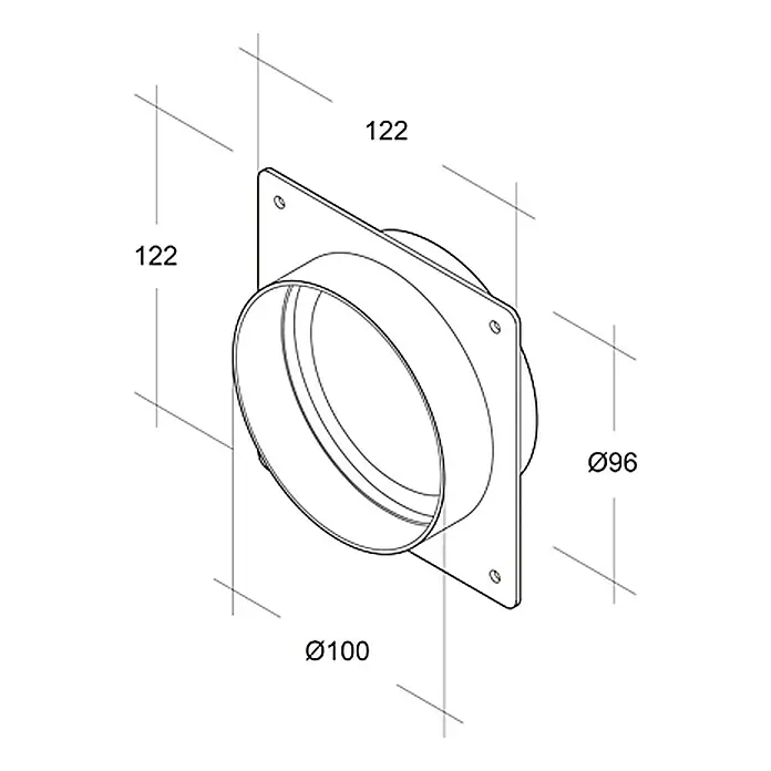 Air-Circle Maueranschlussstutzen - Durchmesser Anschlussstutzen: 100 mm, Max. Luftleistung: 300 m³/h - Produktbild eines quadratischen Kanalanschlussstücks mit einem Durchmesser von 100 mm und einem Flansch von 122 mm.