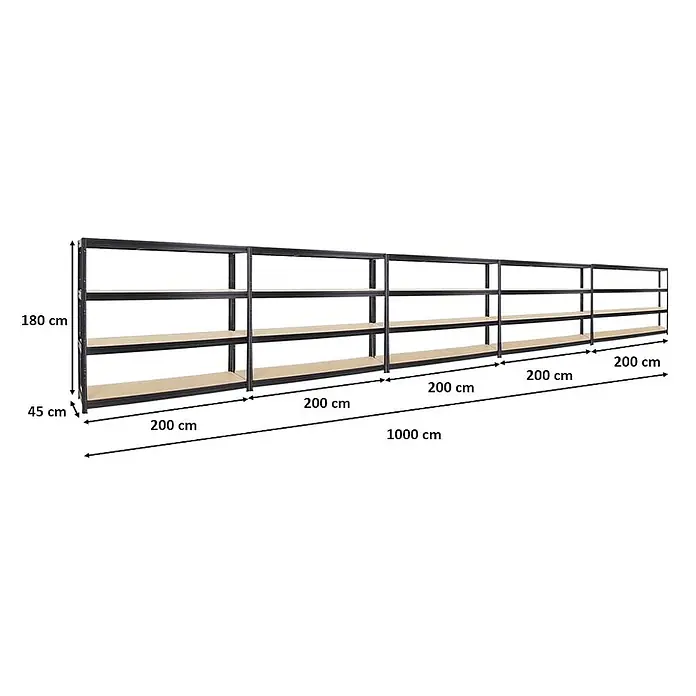 Mega Deal | 5x Schwerlastregal DINO | HxBxT 180x200x45 cm | 4 MDF-Platten-Ebenen 6,5 mm |  Fachlast 500kg | Schwarz -  - Langes schwarzes Metallregal mit hellen Holzablagen, 1000 cm breit, 180 cm hoch und 45 cm tief.