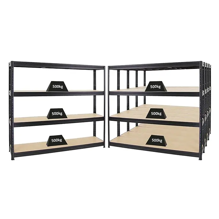 Mega Deal | 5x Schwerlastregal DINO | HxBxT 180x200x45 cm | 4 MDF-Platten-Ebenen 6,5 mm |  Fachlast 500kg | Schwarz -  - Zwei schwarze Schwerlastregale aus Metall mit hellen Holzplatten, jedes Fach trägt 500 kg.