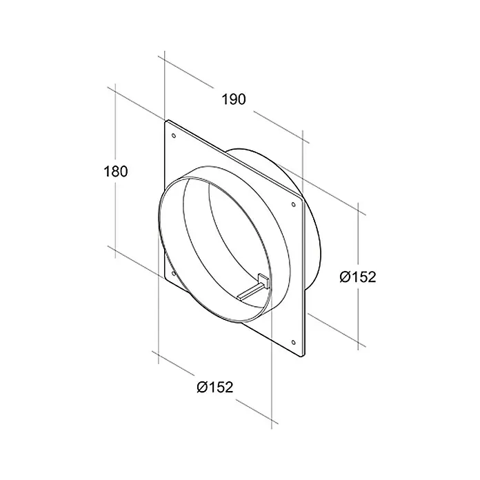 Air-Circle Maueranschlussstutzen - Durchmesser Anschlussstutzen: 150 mm, Max. Luftleistung: 600 m³/h - Schematische Zeichnung eines runden Lüftungskanals mit quadratischer Montageplatte und Maßangaben.