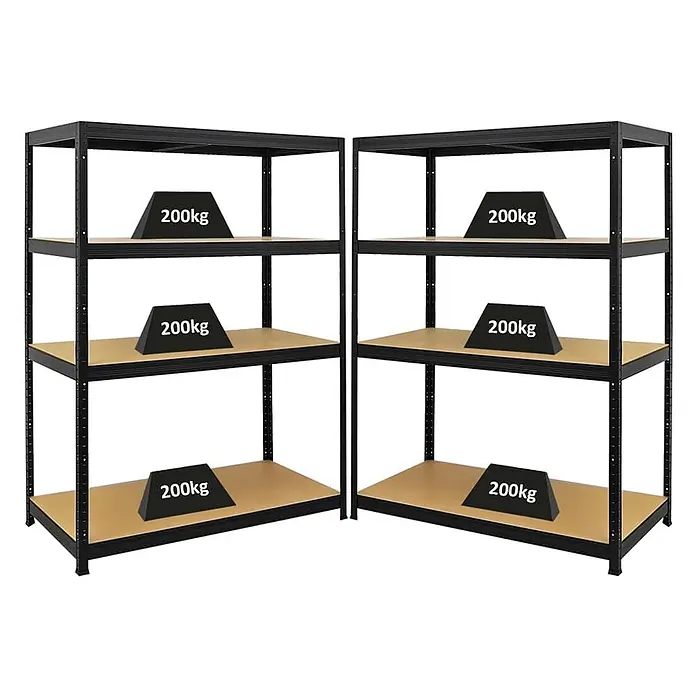 Mega Deal | 2x Schwerlastregal Big Elephant | HxBxT 160x120x60cm | Fachlast 200kg | Schwarz -  - Zwei schwarze Schwerlastregale aus Metall mit hellbraunen Holzablagen, die eine Tragfähigkeit von 200kg pro Fach demonstrieren.
