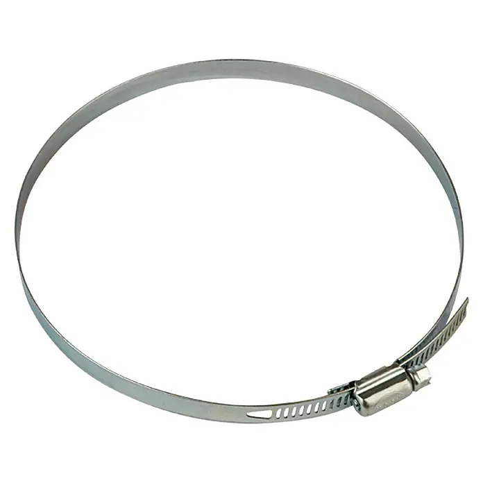 Air-Circle Schlauchklemme - Verstellbereich: 140 mm - 160 mm, Verzinkt - Bild einer Schlauchschelle aus Edelstahl, die zum Befestigen von Schläuchen verwendet wird. Ideal für Heimwerker- und Sanitäranwendungen.