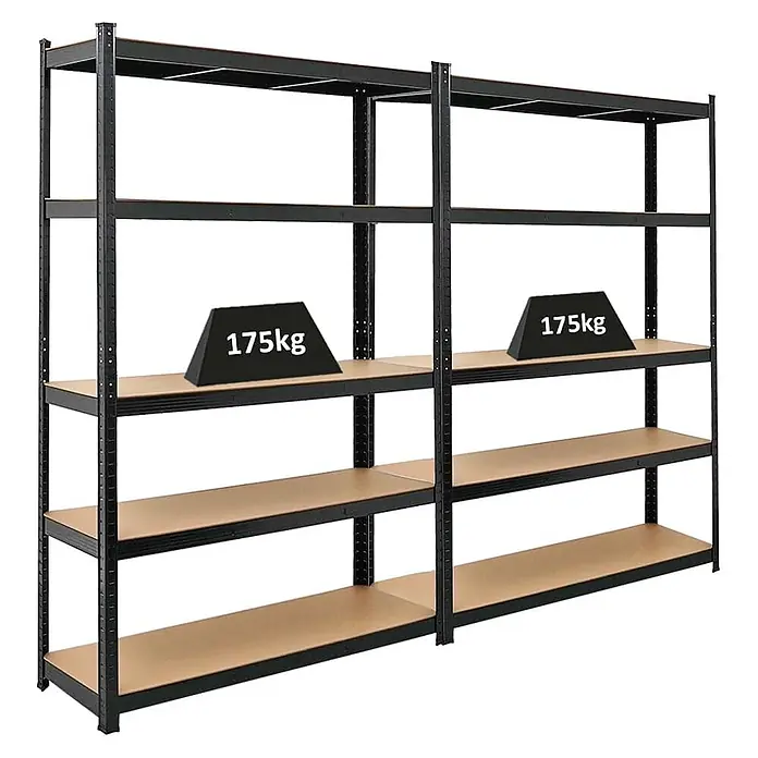 Set Deal 2x Schwerlastregal Ragnar 180x120x40cm 5 MDF-Ebenen 175kg Schwarz -  - Zwei schwarze Metallregale mit Holzablagen, jede Ablage für 175kg Tragkraft ausgelegt.