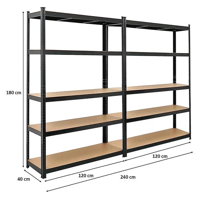 Set Deal 2x Schwerlastregal Ragnar 180x120x40cm 5 MDF-Ebenen 175kg Schwarz -  - Schwarzes Metallregal mit fünf Holzablagen pro Sektion, 180x240x40 cm.