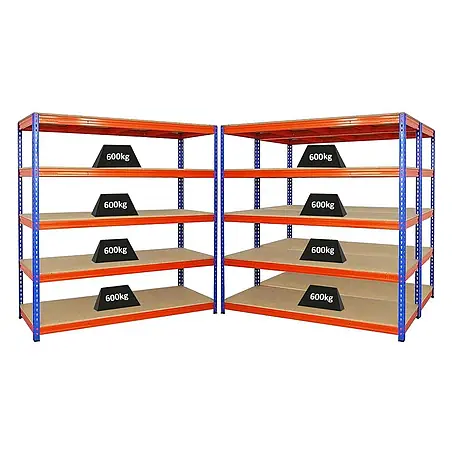 Mega Deal | 3x Profi Schwerlastregal BISON | HxBxT 200x200x60cm | 5 Fachböden | Fachlast 600kg | Blau-Orange